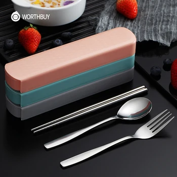 

WORTHBUY Portable Travel Tableware Set Stainless Steel Dinnerware With Box Kitchen Fork Spoon Dinner Set For Kid School Cutlery