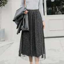 Милая женская модная плиссированная юбка длиной до середины икры, сетчатая Свободная Женская юбка, 2 цвета, Женская газовая юбка