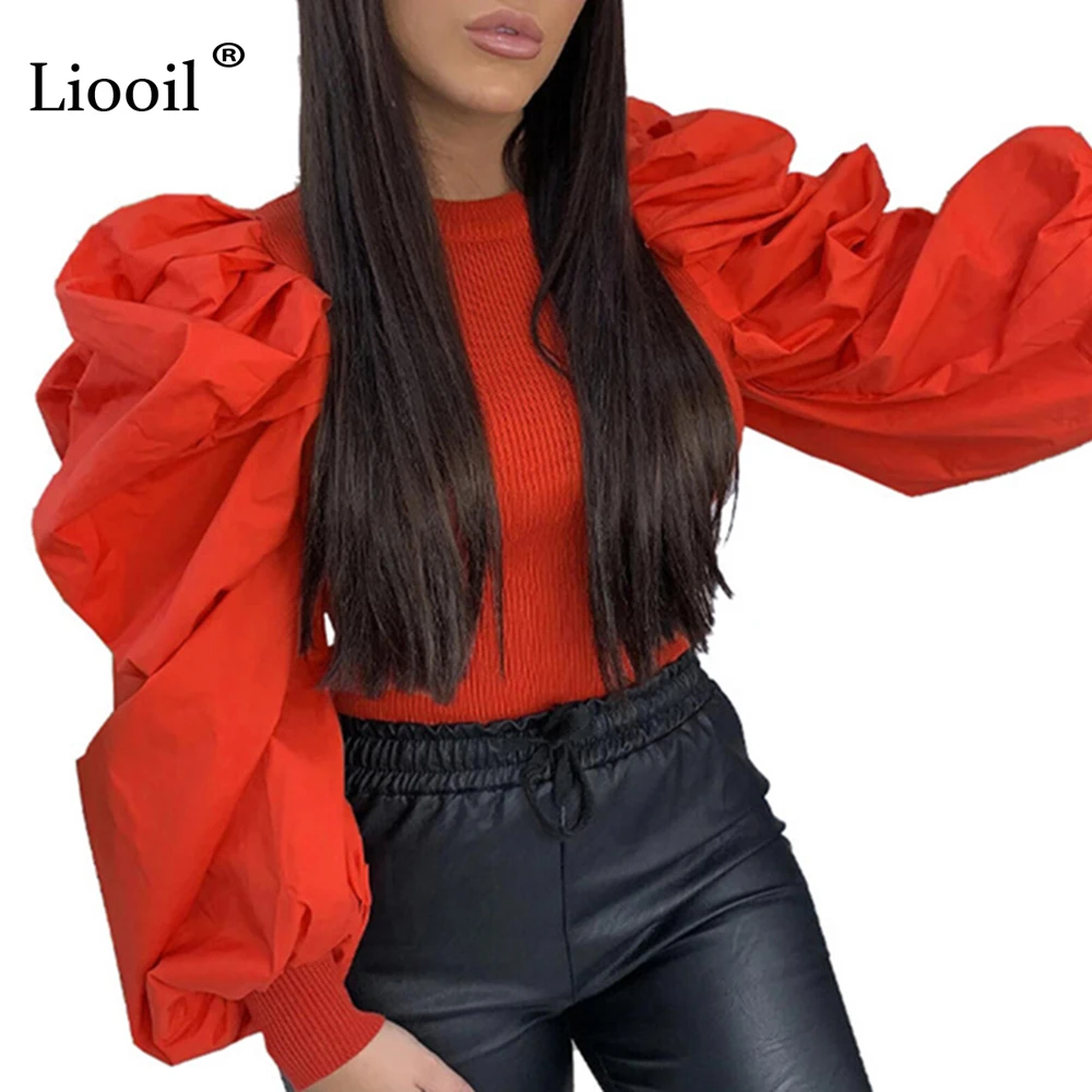 Liooil, вязанная Сексуальная Блузка, облегающий Топ, Осень-зима, уличная одежда с пышными рукавами и круглым вырезом, черные, белые женские топы и блузки