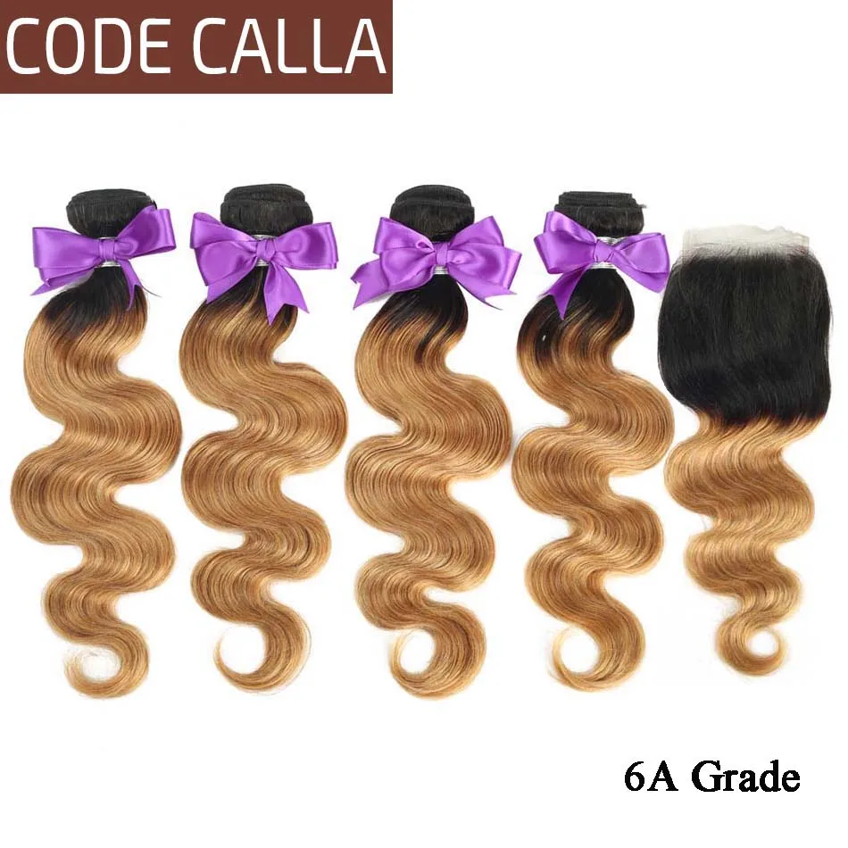

Code Calla Body Wave Hair Bundles With Lace Closure 6A Brazilian Remy Human Hair Weave Bundles T1B/4/30 Ombre Color For Africa