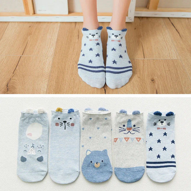 5 пара/лот короткие носки для девочек милые животные Кошка Собака коротких носков с изображениями Kawaii ухо Смешные низкие носки лодочкой носки хлопковые женские носки - Цвет: 5SK--002-D