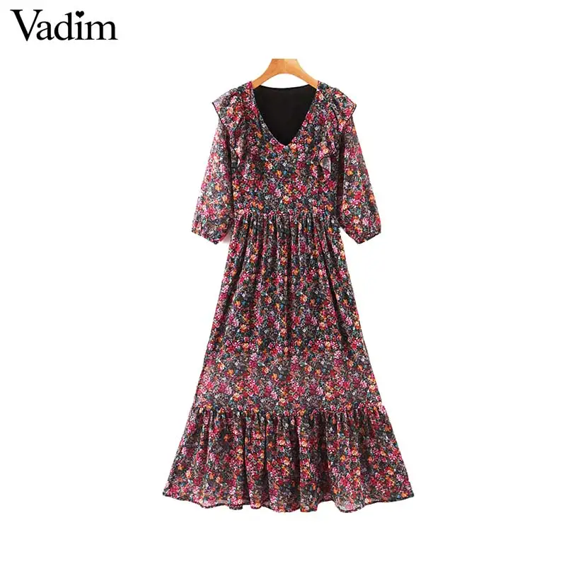 

Vadim women sweet ruffled chiffon maxi dress V neck half sleeve side zipper one piece cute casual long dresses vestidos QD200