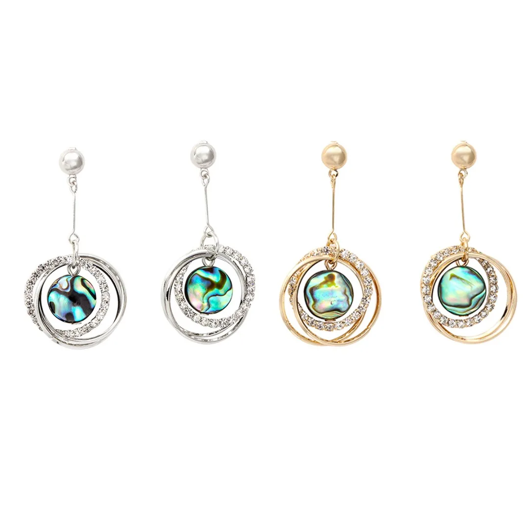 Fashion Color Abalone Shell Earring Double Circle Zircon Crystal Long Drop Geometric Earring Silver Gold Bohemia Earring Jewelry