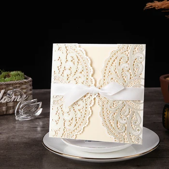 

1pcs Sample Ivory Laser Cut Wedding Invitations Card lace Elegant Greeting Card WIth Ribbon Envelopes Wedding Party Decoration