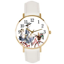 

New Fashion French Illustration Cycling Mother and Daughter Women's Quartz Watch Gold Case Leather Strap