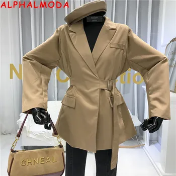 

ALPHALMODA 2020 Spring Women Solid Blazer Jacket Sashes Tie Waist Ladies Faux Pocket Long-sleeved Casual Blazer Outfit