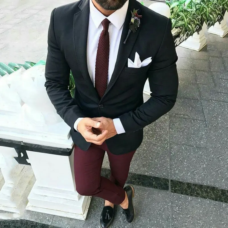 

Black Suits with Burgundy Pants Classic Men Wedding Suits for Men 2020 Custom Groom Suit Set (Jacket+Pants) Costume Homme