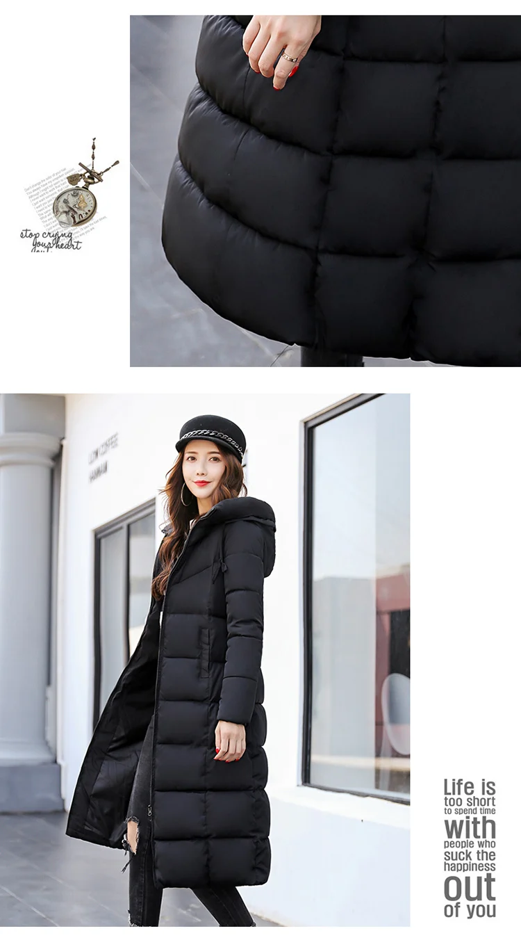 Новое зимнее пальто для женщин длинный отрезок выше колена в Корейском стиле утягивающий хлопковый мягкий Женская Хлопчатобумажная Куртка 835