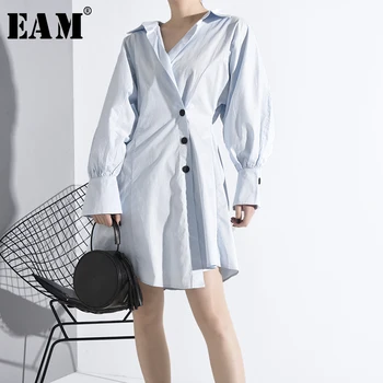 

[EAM] Women Blue Button Split Temperament Shirt Dress New V-Neck Long Sleeve Loose Fit Fashion Tide Spring Autumn 2020 MG09205