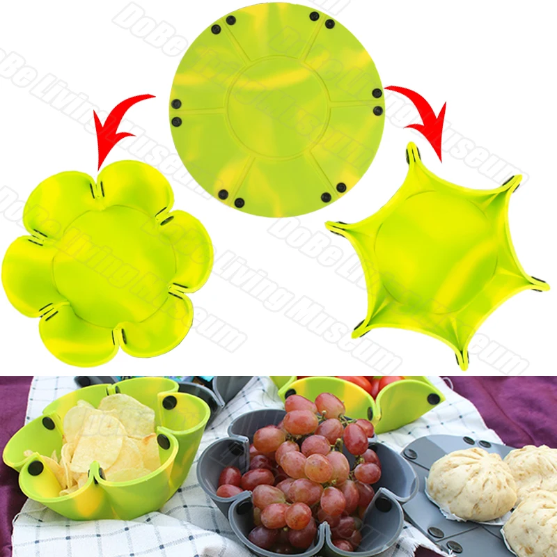 

New Silicone Reusable plates Fruit Dish Snacks Seeds Nut Bowl Dish Candy Plate Bread Tray Camping Folding Plate