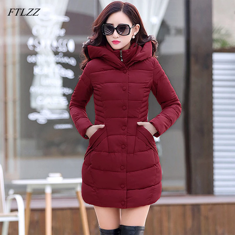 

FTLZZ New Winter Jacket Plus Size 3XL Women Cotton Wadded Overcoat Slim Casual Parkas Female Hooded Medium Long Coats