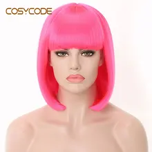COSYCODE ярко-розовый парик Боб с челкой короткий прямой косплей парик некружевной синтетический костюм вечерние парики для женщин 34 см