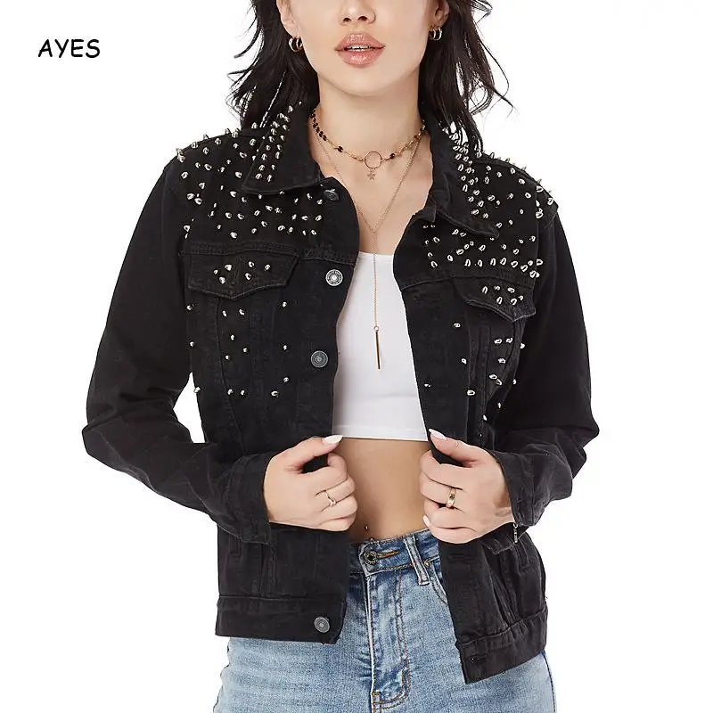 

Short Denim Jackets Coats Women Black Wash Long Sleeve Women Rivet Jeans Jacket Vintage Casual Jean Jacket Bomber Denim Coat