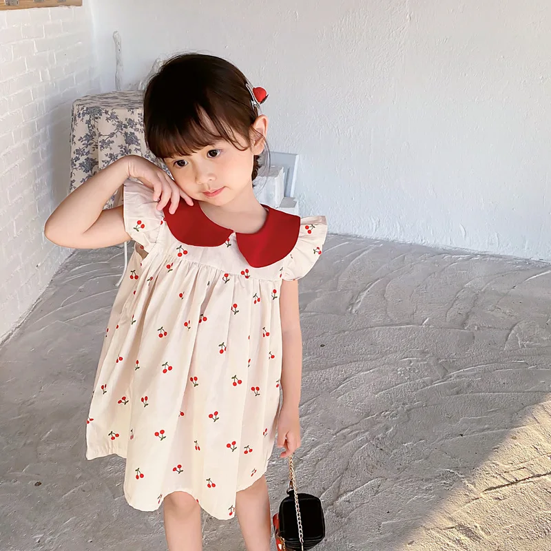 Cherry Print Girls Dress Toddler Kid Baby Clothes Ruffles Sleeveless Cotton Dresses Elegant Cute Sweet Sundress Outfit 1-7T girls dress