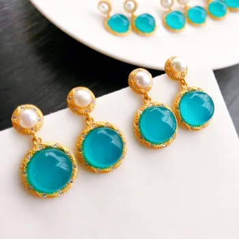 

s925 silver inlaid Tianhe stone pearl ear nails circular earrings ancient French silver ornament blue crystal earrings