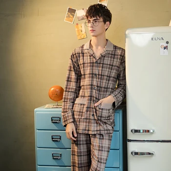 

FENTENG Autumn Pajamas For Men Fashion Vintage Plaid Printed Cotton Pajama Set Sleepwear Home Suit Men M98132433