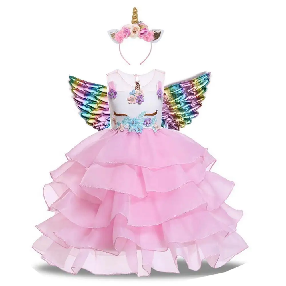 Girls Unicorn Flowers Cake Tutu Dresses With Beadbad for Kids Princess Fancy Birthday Theme Party Costumes 1-10 Years Pink Blue
