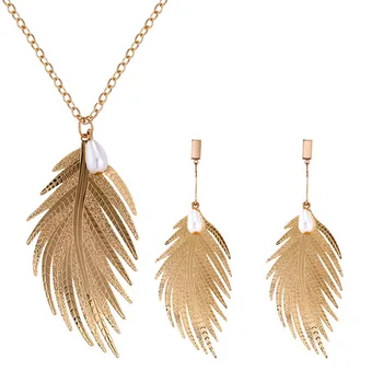 

DSHOU60 women copper jewelry New creative metal feather long necklace earrings suit