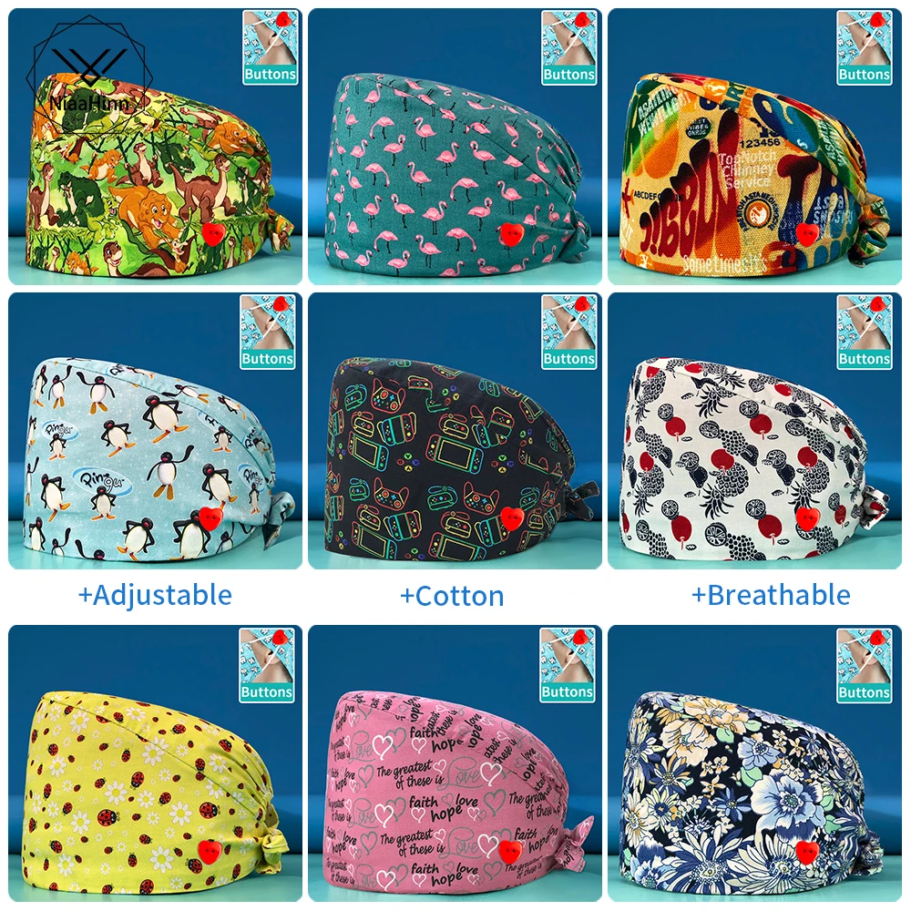 Womens Men Scrubs Caps Cartoon Printing Scrub Hats Laboratory operator