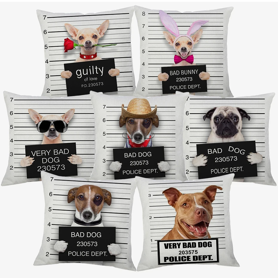 

Police Very Bad Dogs Cushion Covers Chihuahua Dachshund Pug Dog Cushion Cover Decorative Linen Pillowcase