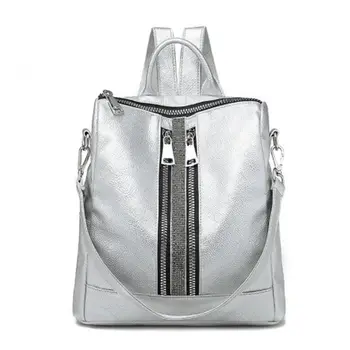 

Backpacks For Women Silver New Zipper Lady Backpack Travel Small Backpacks PU Leather Waterproof Women Bag Luxury Shoulder Bag