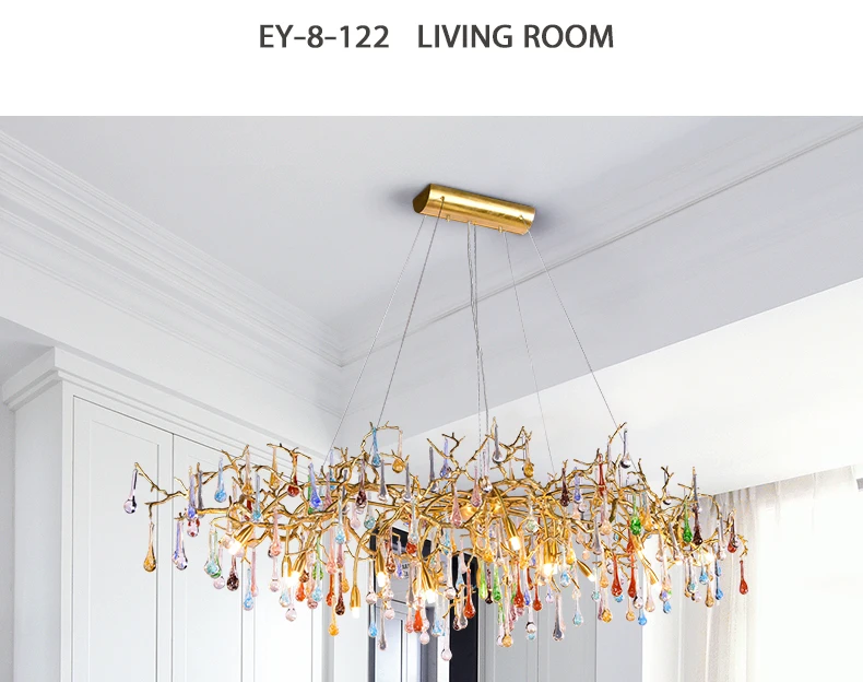 New light luxury French color water drop chandelier American villa creative post-modern all copper branch living room lamp
