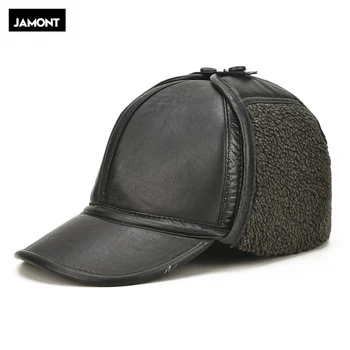 

JAMONT 2020 Men Earmuffs Genuine Leather Hat Male Faux Fur Baseball Caps Thicken Warmer Flat Hats Real Sheepskin Gorras Cap