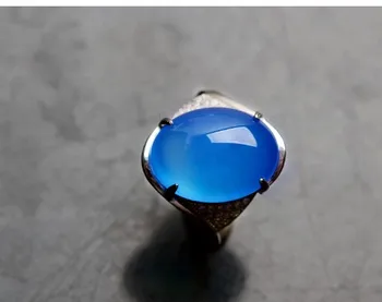 

Genuine S925 Sterling Silver Ring Natural Blue Chalcedony Couple Ring Women's