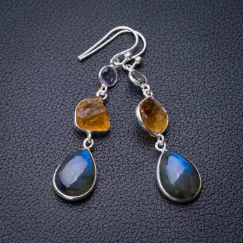 

StarGems Natural Blue Fire Labradorite,Citrine And Mystical Topaz Handmade 925 Sterling Silver Earrings 2" E0766