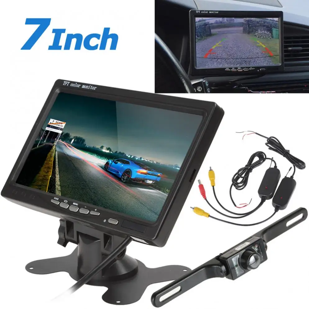 

7 Inch TFT LCD 2-CH Car Headrest Monitor +420TVL 135 Degrees CMOS Nightvision License Plate Rear View Camera+Wireless Receiver
