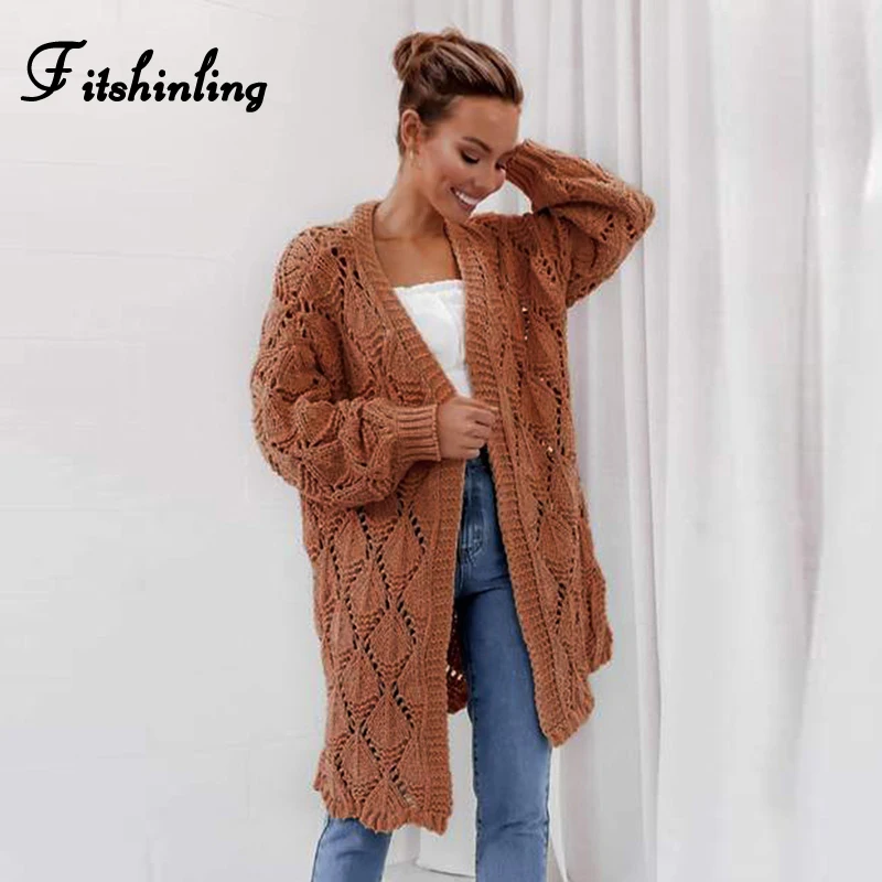 

Fitshinling Hollow Out Long Cardigan Female Knitted Jacket Autumn Winter Outerwear Boho Slim Cardigans For Women Clothing Solid