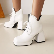

Large Size 40 41 Winter Lace-up Ankle Boots For Women Platform High Heels Short Boot Square Toe Bottes Femel Fall Shoes Lady