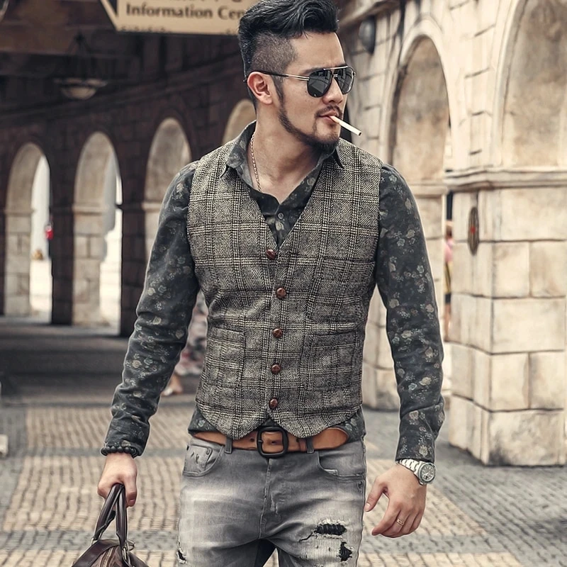 Latest Men's Suit Vest Green Plaid New Retro Casual Formal Slim Suit