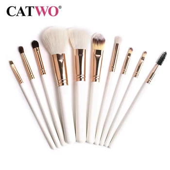 

Catwo Pearl White/ Gold Professional Makeup Brushes Set Make up Brush Tools kit Foundation Powder natural-Goat hair 10pcs