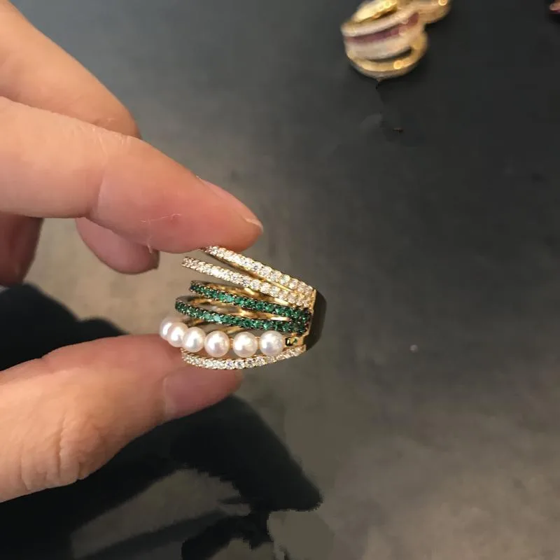 Модное многослойное зеленый циркониевый пресноводное кольцо с жемчужиной золото Двухслойное кольцо с жемчужинами Свадьба Monaco массивные ювелирные изделия