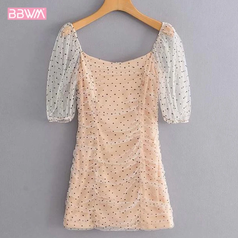 

French Polka Dot Mesh Pleated Women's Dresses 2019 Summer Sweet Sexy Hip Female Dress One Word Collar Harajuku Dot Elegant