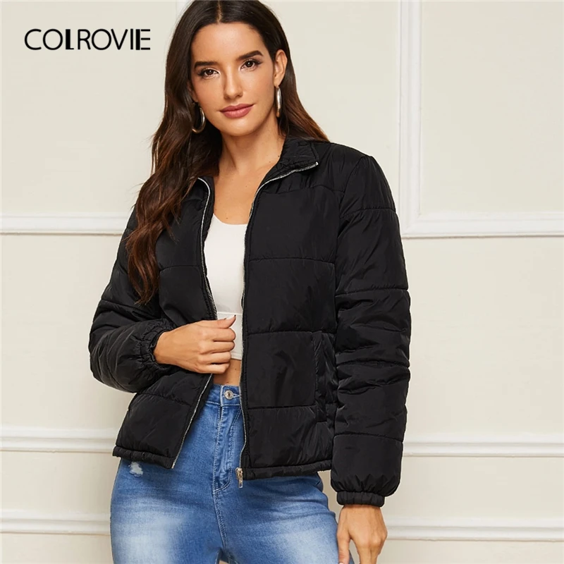 COLROVIE, Черная Женская Стеганая куртка на молнии с косой карманом,, зимняя уличная одежда, пальто и куртки, Повседневная однотонная теплая верхняя одежда