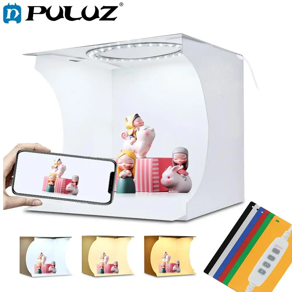 Prezzo PULUZ 20 centimetri Mini LED Anello di Luce scatola Lightbox Photo Studio box Fotografia Luce Studio di Ripresa Tenda Box Kit 6 colore Fondali