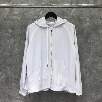 

2020 Fashion TB THOM Brand Jacket Men Cardigans Clothing White Striped Sports Uniform Spring Autumn Hooded Casual Coat