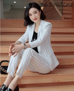 

Fashion Striped Spring Autumn Formal Women Business Suits Pantsuits for Ladies Office Blazers with Pants and Jackets OL Styles