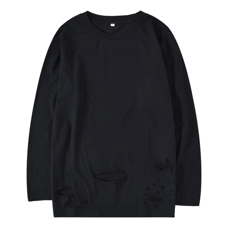 QoolXCWear рваная футболка с дырками Мужская Повседневная футболка большого размера с круглым вырезом и длинным рукавом, однотонная уличная одежда, рубашка 2086