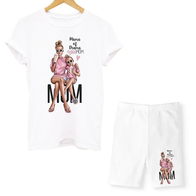 matching top and trousers set Women Two Piece Set Super Mom Tshirts & Shorts Set Summer Short Sleeve Jogging Biker Shorts Sexy Outfit For Woman Track Suit white two piece set