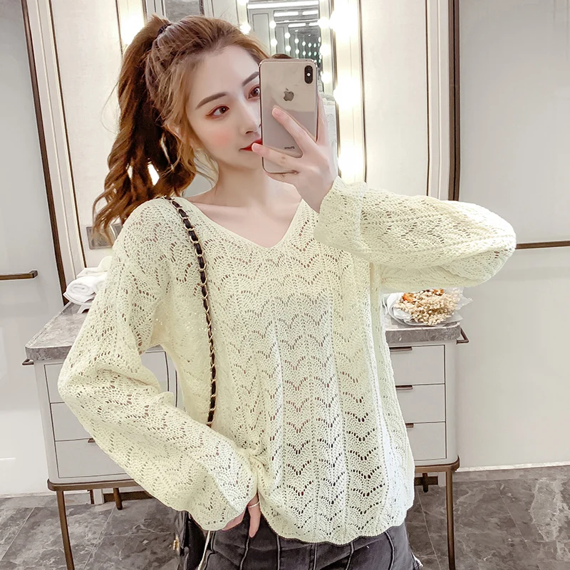 

Ladies Summer Hollow Out Pull Knitted Causal Tops Ladies Knitwear Fashion Jumper Solid Women Pullovers Korea Knitwear Female
