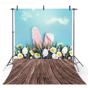 

Rabbit Easter Eggs Backdrop Photocall Spring Blue Sky Easter Photo Background Brown Wood Floor Photography for Photographer