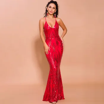 

Lady Spaghetti Strap Trailing Formal Party Gown Elegant Backless Sequins Evening Party Dress V-neck Slim Mermaid Vestidos