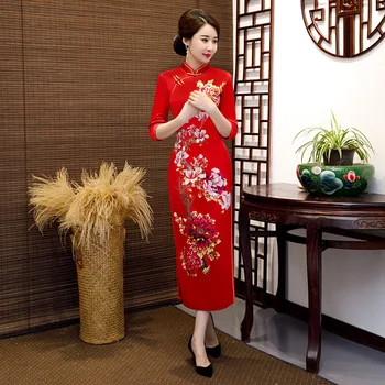 

New Arrival Vintage Red Print Flower Velour Cheongsam Bride Wedding Dress Gown Mandarin Collar Autumn Sexy Long Elegant Qipao