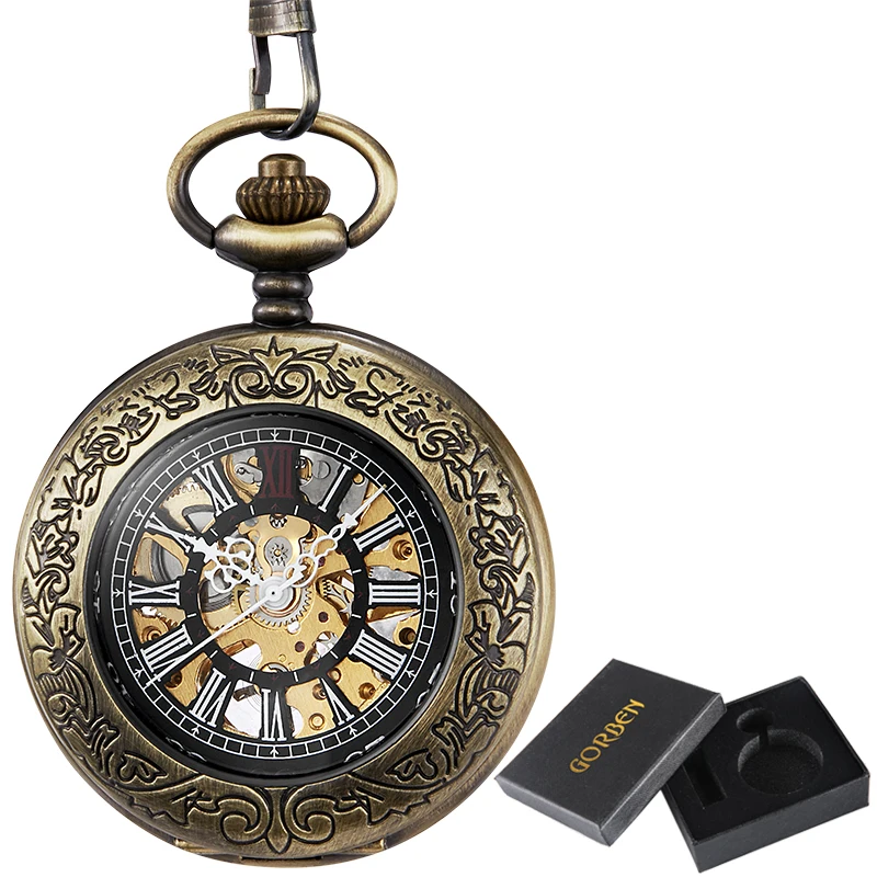 Antique Mechanical Hand Wind Pocket Watches Roman Numeral Bronze Mechanical Collection Watch Men Clock With Fob Chain Gift Box