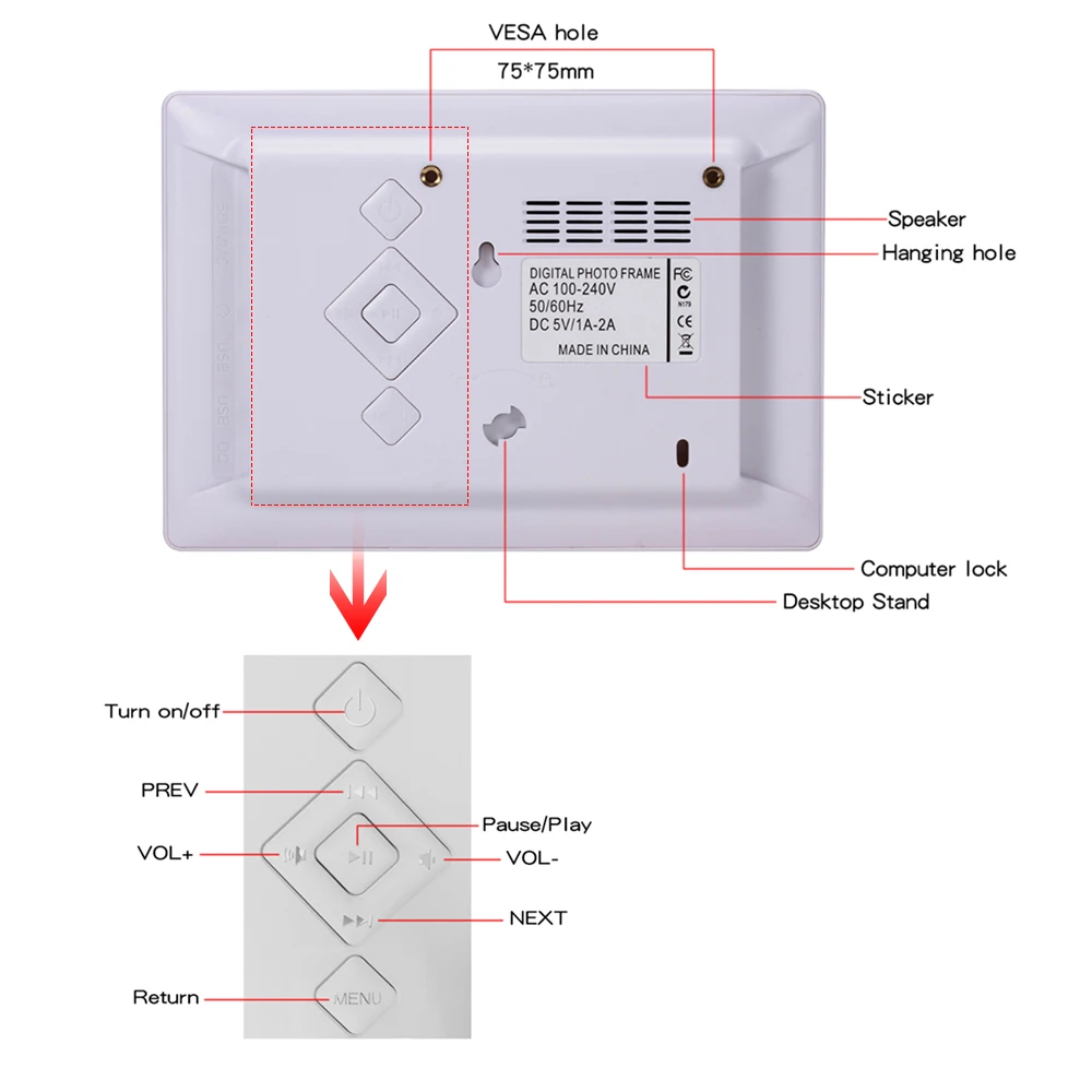 7" LEDs Digital Photo Frame Desktop Album Display Image MP4 Video MP3 Audio Clock Calendar Touch Key Support Auto Mixed Play