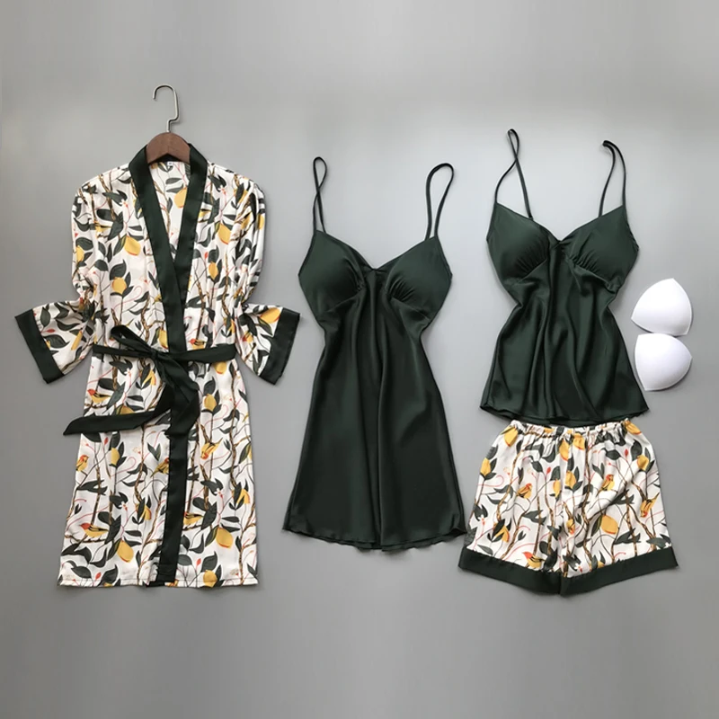 

Popular Solid Color Sexy Pajamas Women's Spring and Autumn Summer Four Piece Suit