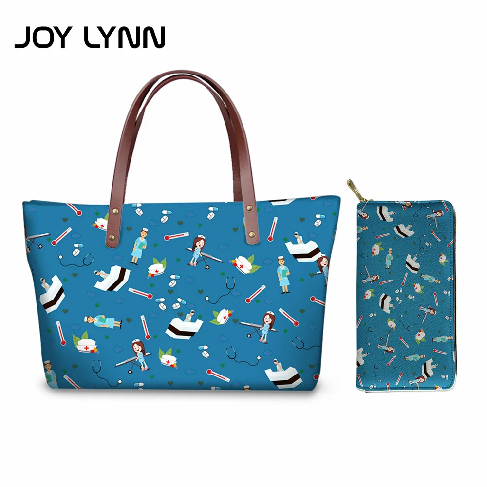 JOY LYNN Nurse Cartoon Pattern Handbag Wallet 2 Sets for Women Lovely Mid Large Bag Card Holder Kawaii Handle Work Tote Lady |